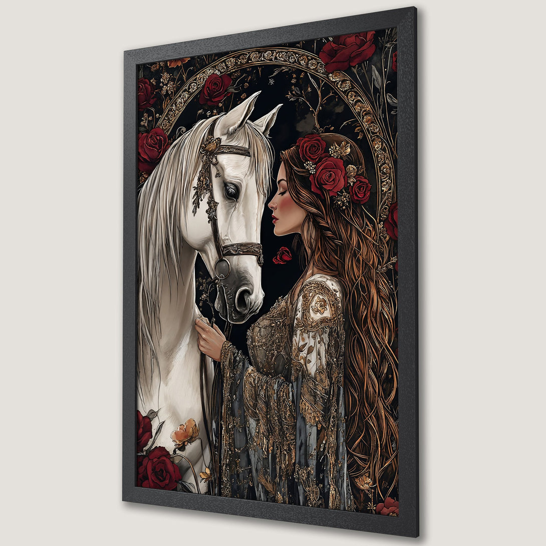 Framed Poster: Woman & white horse art print, romantic style, with red roses & gold accents on a black backdrop. Perfect wall decor.