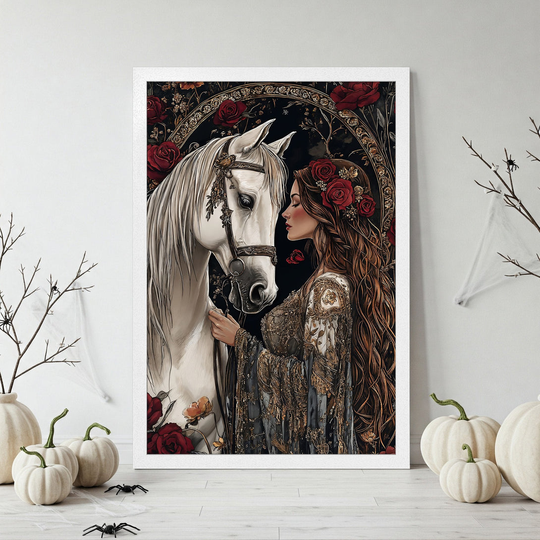 Framed Poster featuring a woman and white horse, gothic style with red roses and gold accents. Dark, romantic color palette.