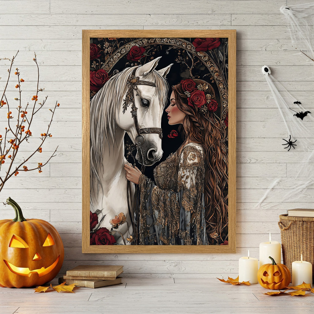 Framed Poster of a woman and white horse, gothic style, with a dark red and gold color palette. Perfect wall art.