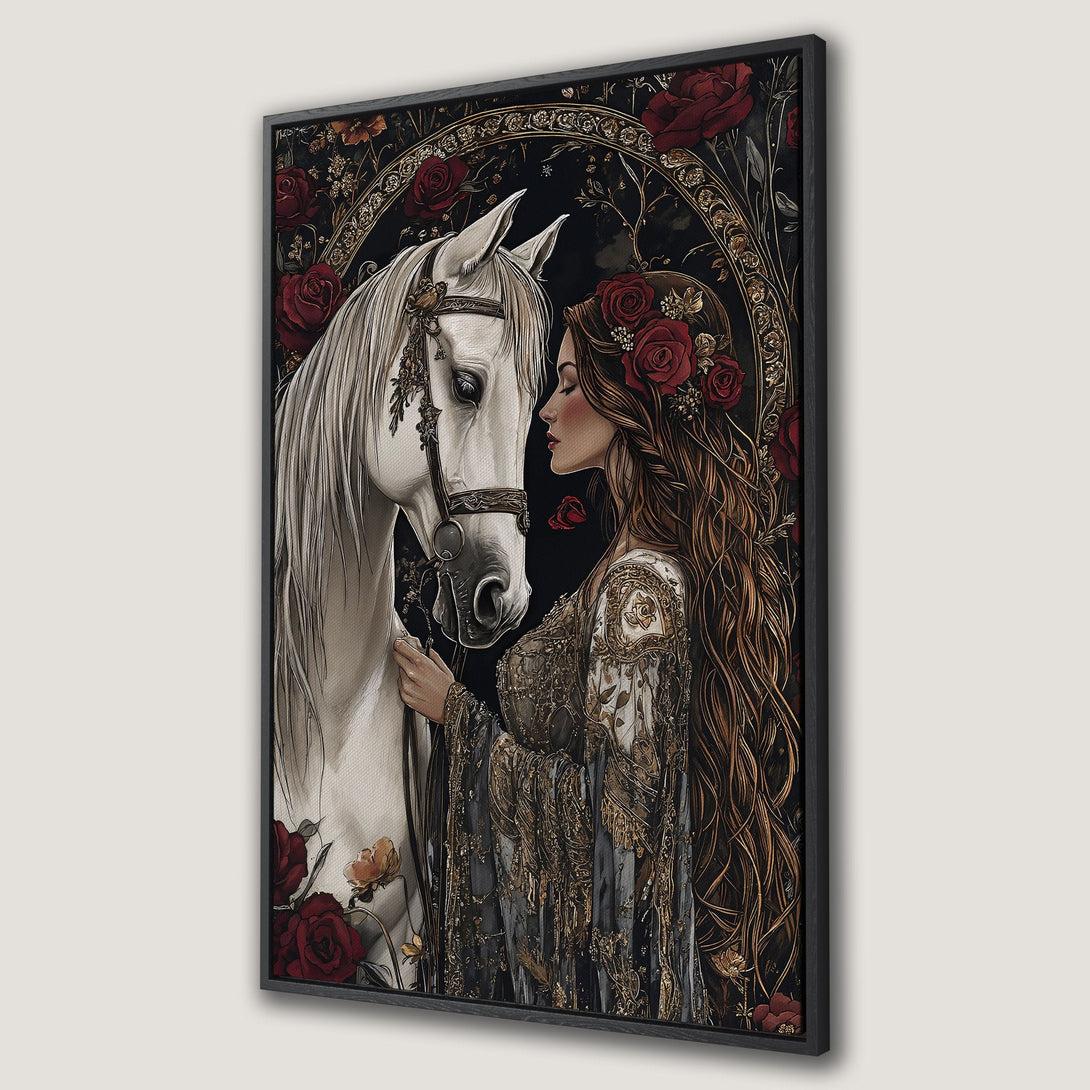 Framed Wall Art: Romantic art print featuring a woman and white horse, with roses. Dark, moody color palette. Perfect for adding elegance to any room.