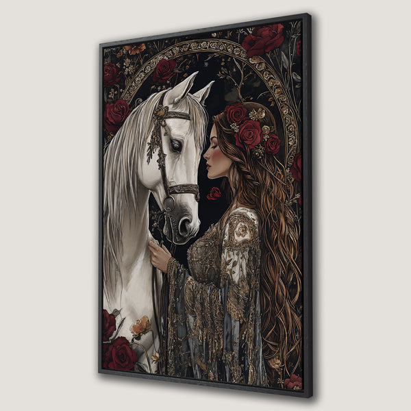 Framed Wall Art: Romantic art print featuring a woman and white horse, with roses. Dark, moody color palette. Perfect for adding elegance to any room.