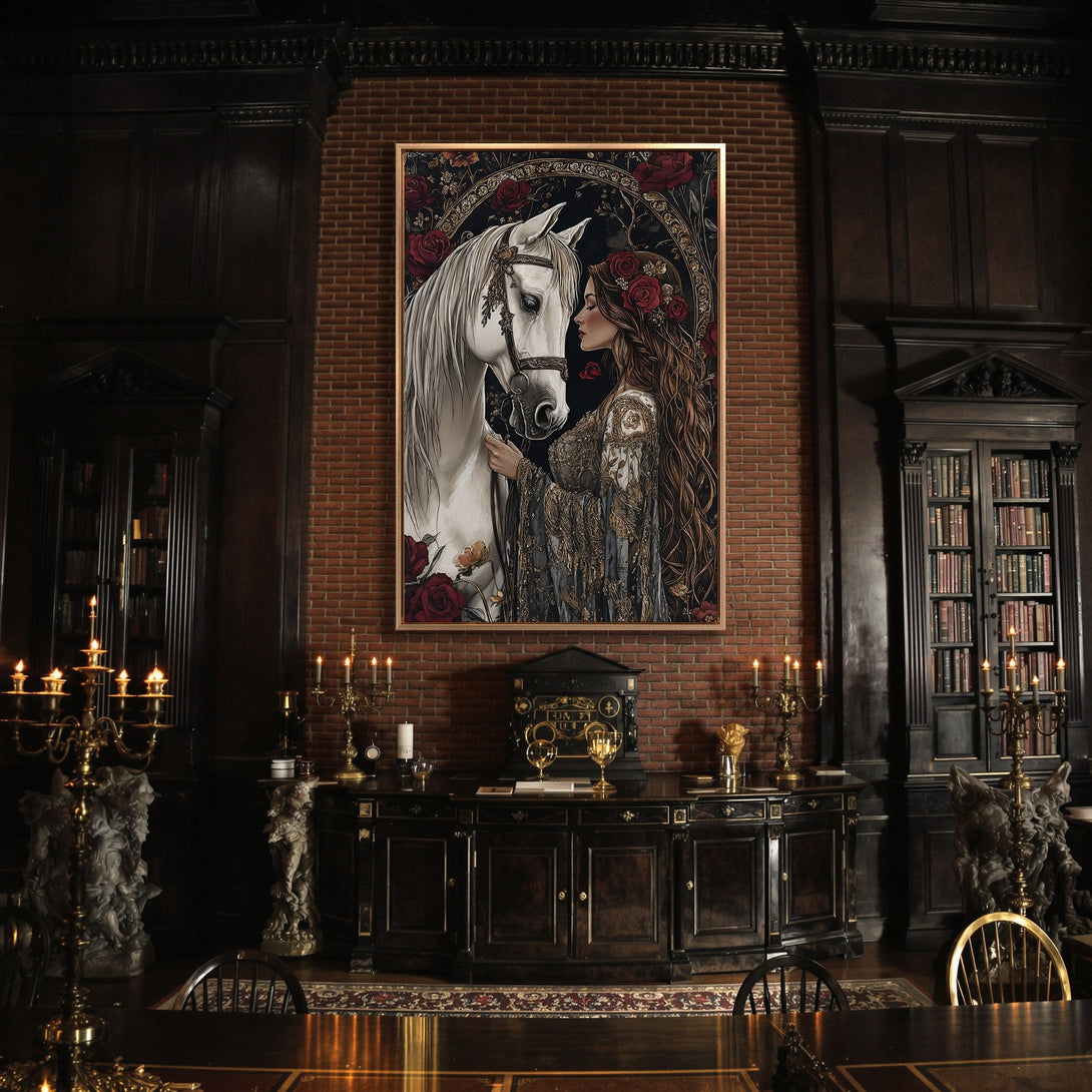 Framed Wall Art: Romantic fantasy art featuring a woman and white horse, in a dark, moody interior. Rich color palette with reds, golds, and blacks.