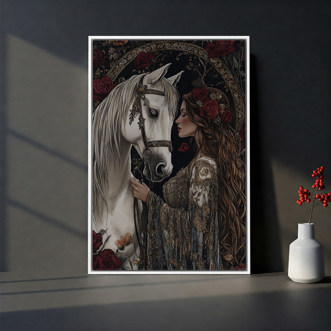 Framed Wall Art featuring a woman and white horse, gothic style with a dark, romantic color palette. Perfect for adding elegance to any space.