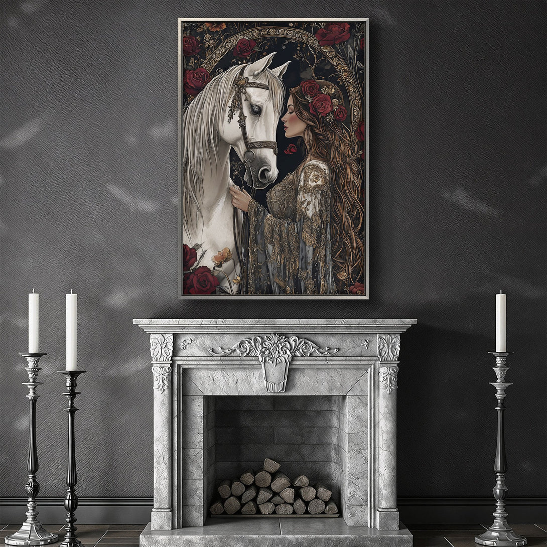 Framed Wall Art: Romantic fantasy art of woman and white horse, featuring red roses, gold accents, and a dark, moody color palette. Perfect for elegant decor.