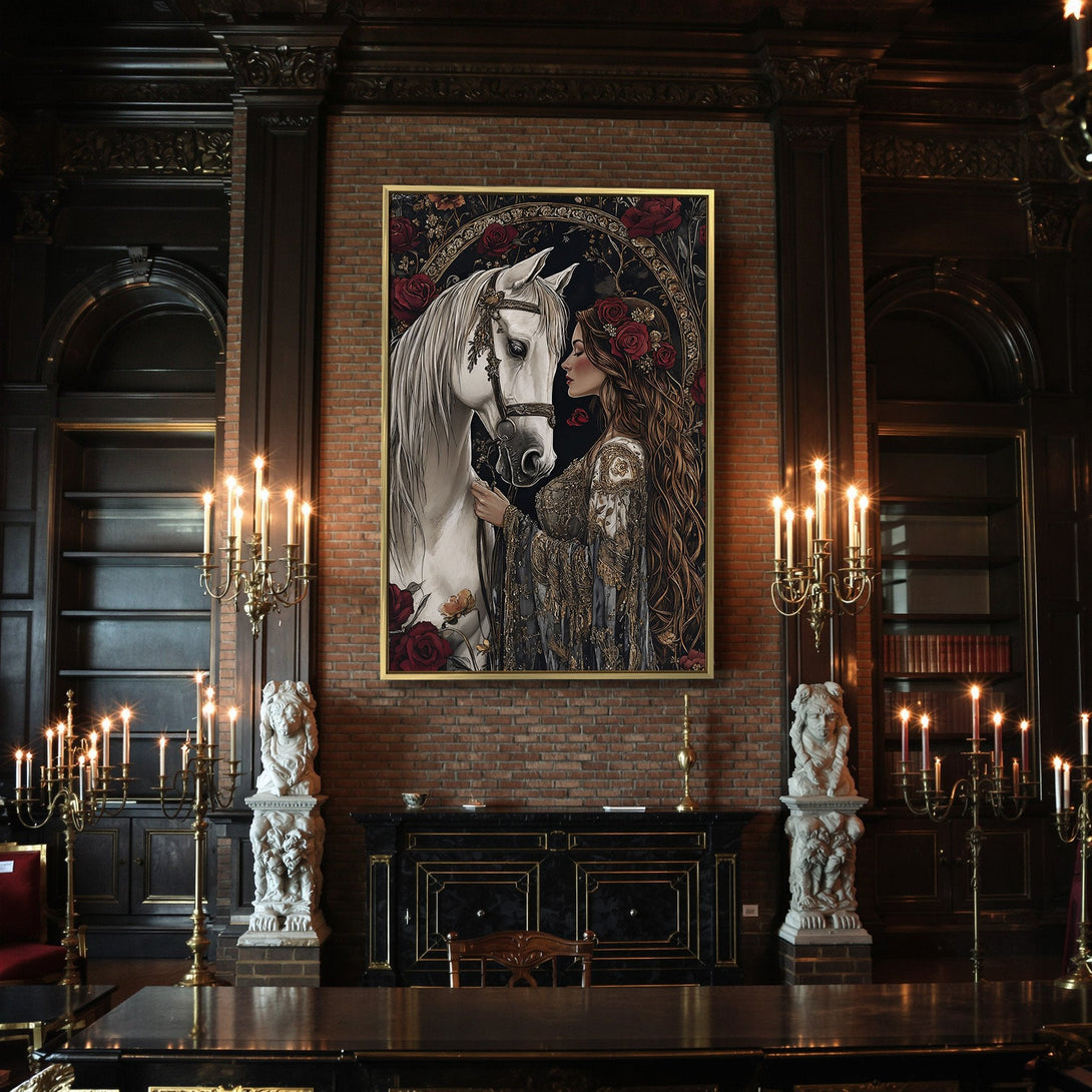 Canvas Print featuring a woman and white horse with red roses, gothic style, rich black, gold, and red color palette.