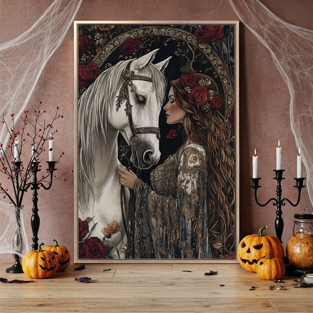 Framed Wall Art: Gothic fantasy of woman and white horse, rich red and gold palette. Perfect for Halloween decor. Add a touch of enchantment to your space!