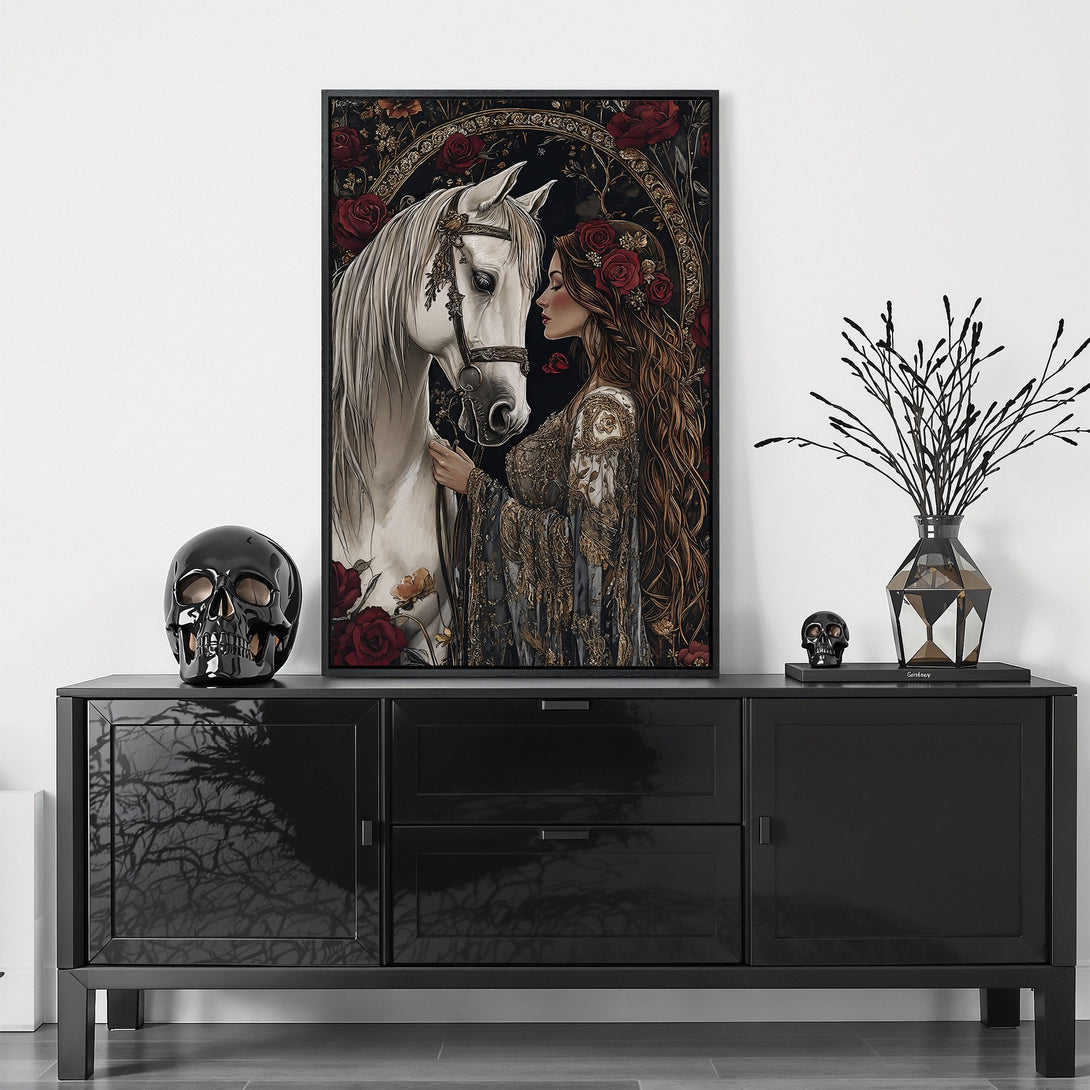Framed Wall Art featuring a woman and white horse, romantic fantasy style. Rich red, black, and gold color palette, perfect for elegant decor.