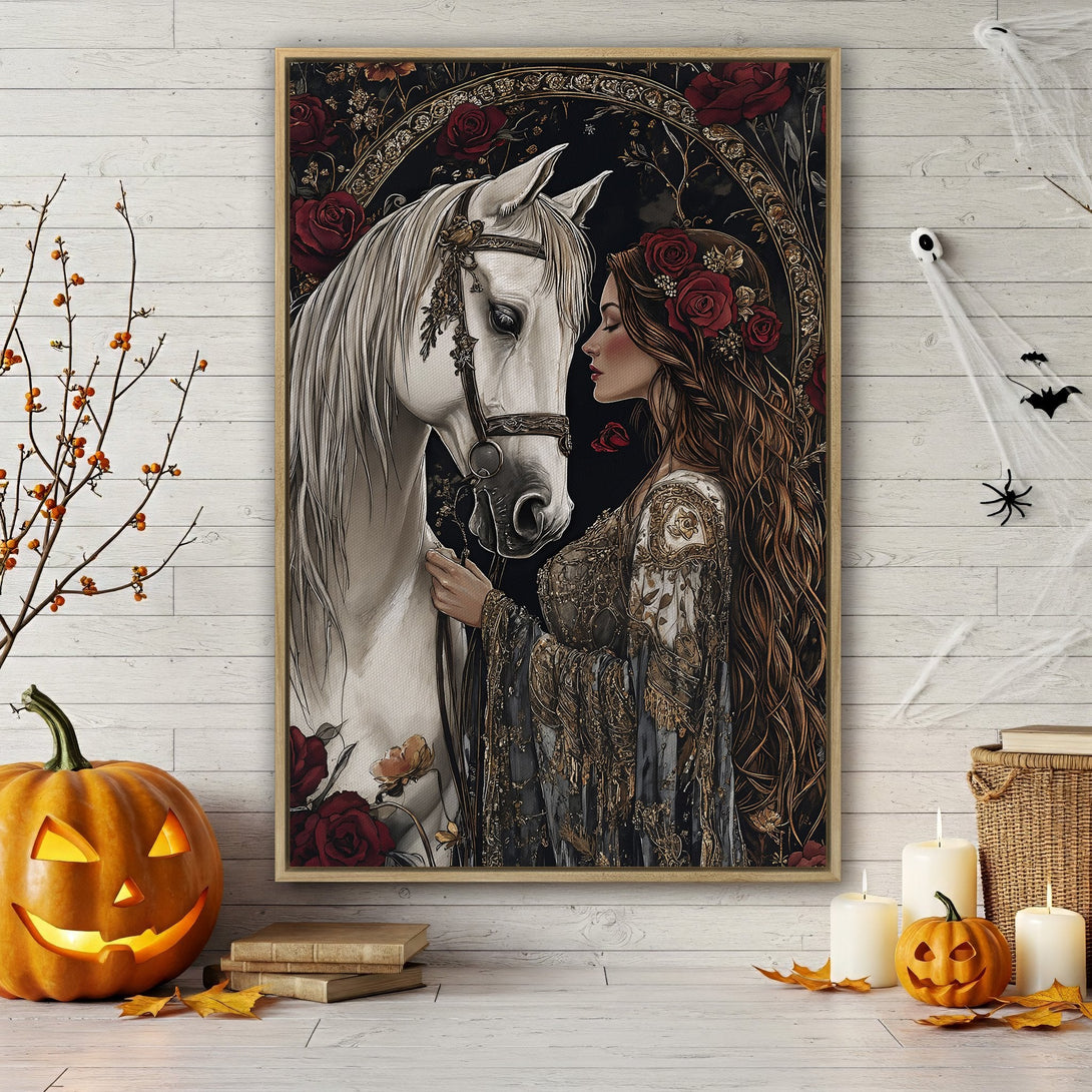 Framed Wall Art: Romantic illustration of a woman and white horse, rich in detail. Features a dark, floral background with a warm, autumnal color palette.