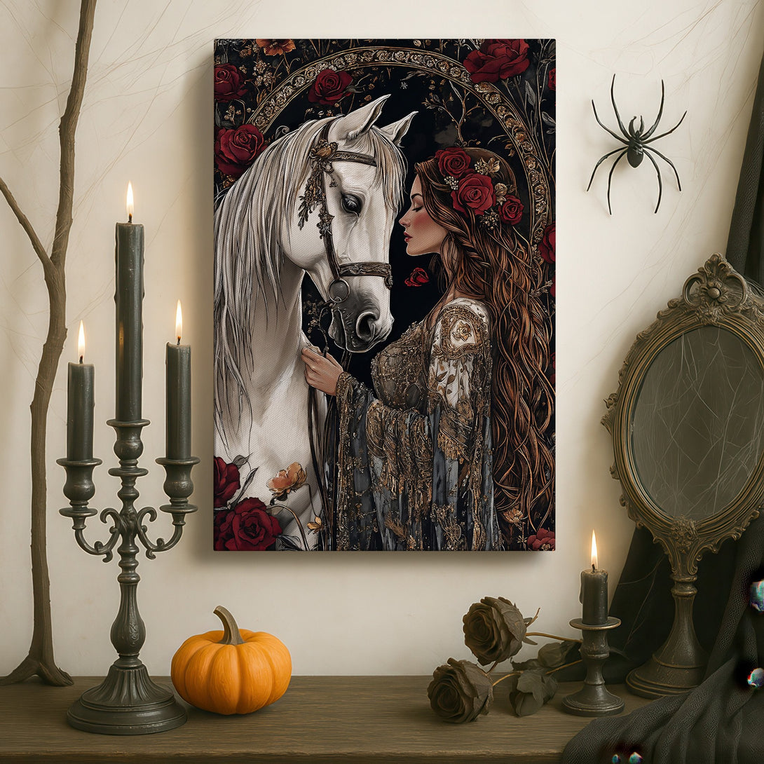 Framed Wall Art featuring a woman and white horse in a romantic, fantasy style with a dark, moody color palette. Perfect for adding elegance to any space.