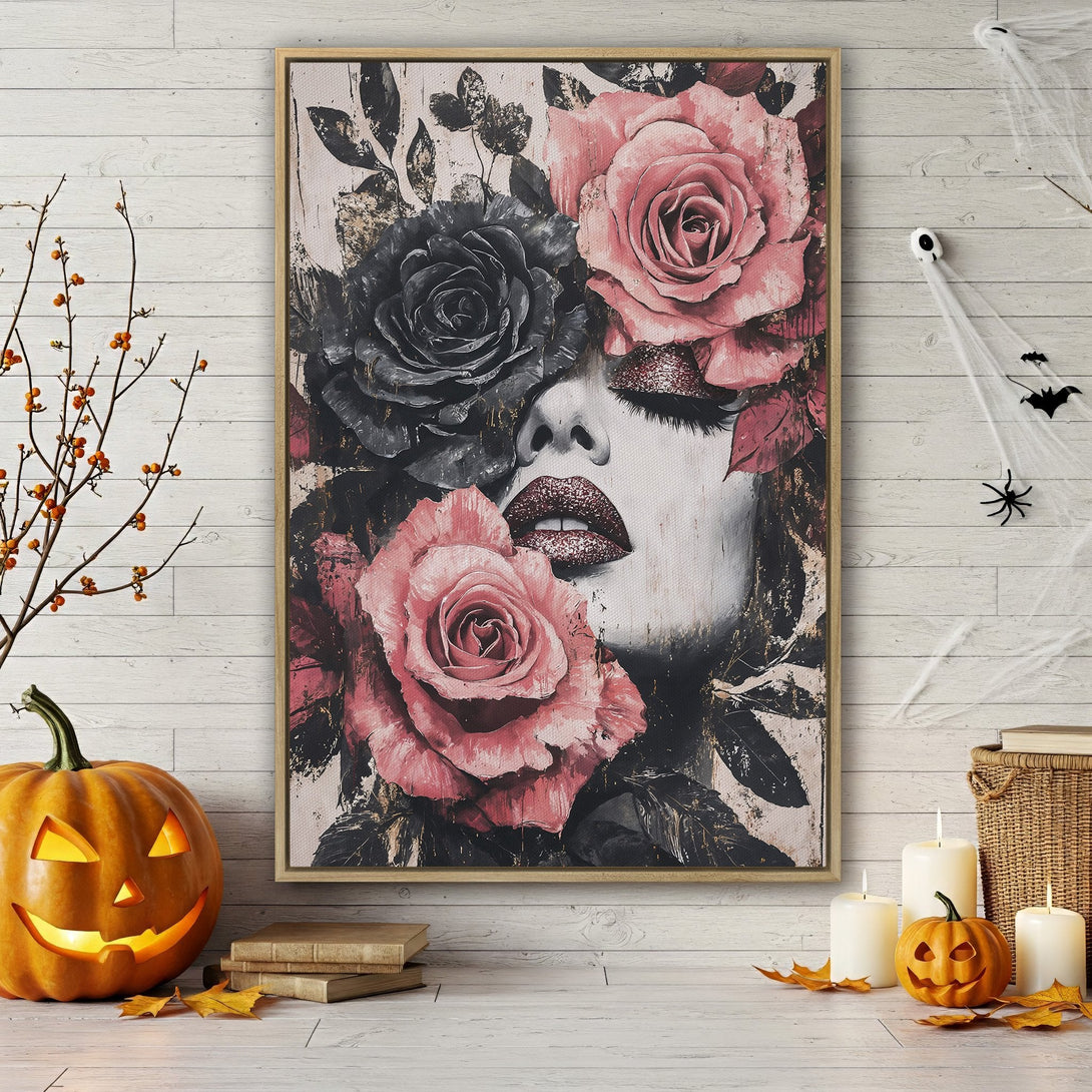 Framed Wall Art of a woman's face with roses, in a vintage style. Features a pink, black, and neutral color palette. Perfect for Halloween decor.