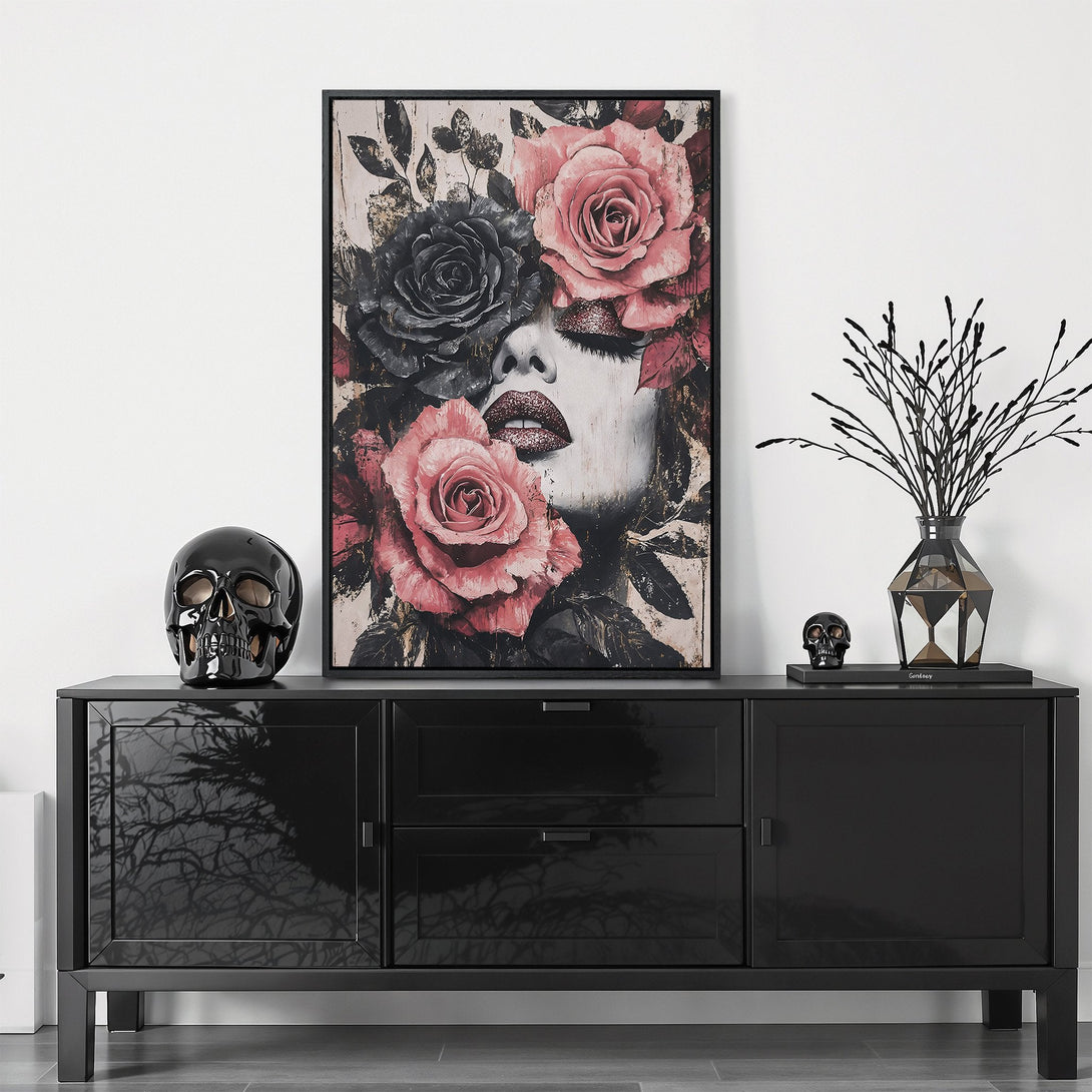 Framed Wall Art: Stunning floral portrait with a woman's face, featuring pink & black roses. Modern, edgy decor with a neutral & dark color palette.