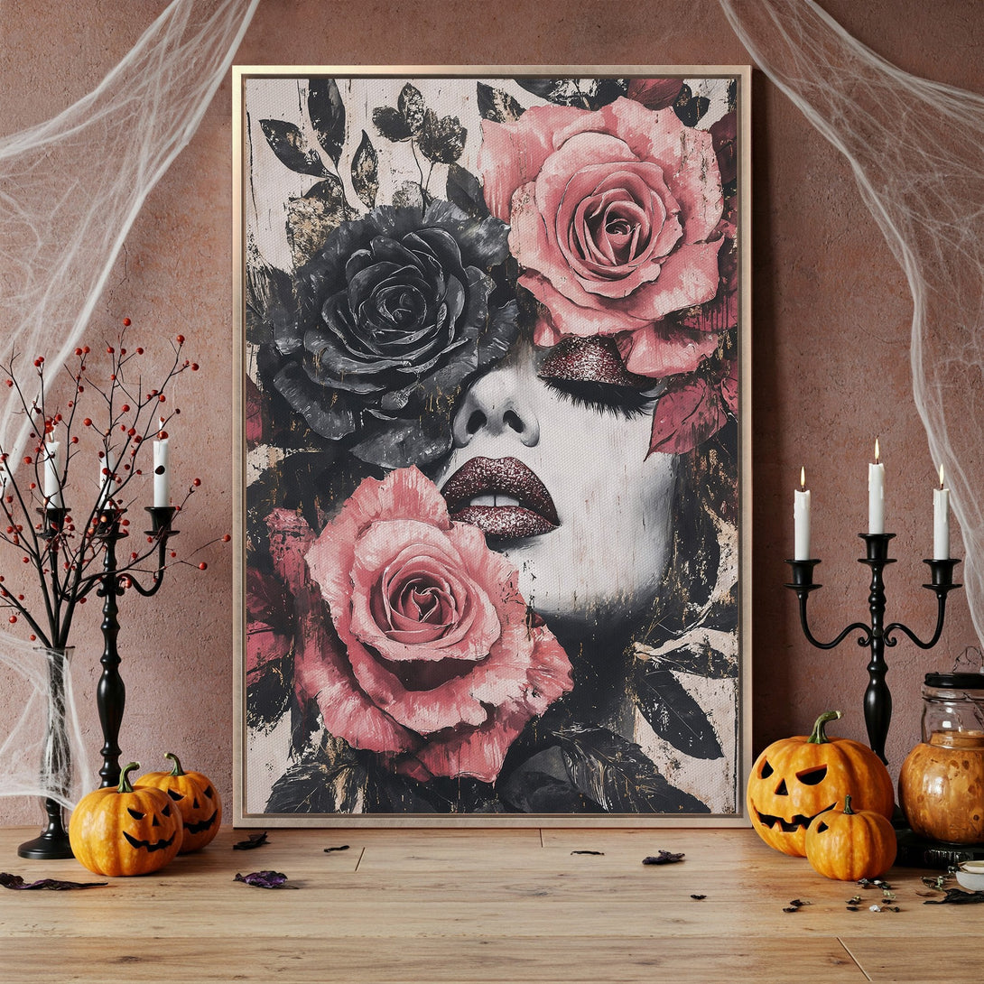 Framed Wall Art: Woman's face with roses in a gothic style. Features a pink, black, and gold color palette, perfect for Halloween decor.