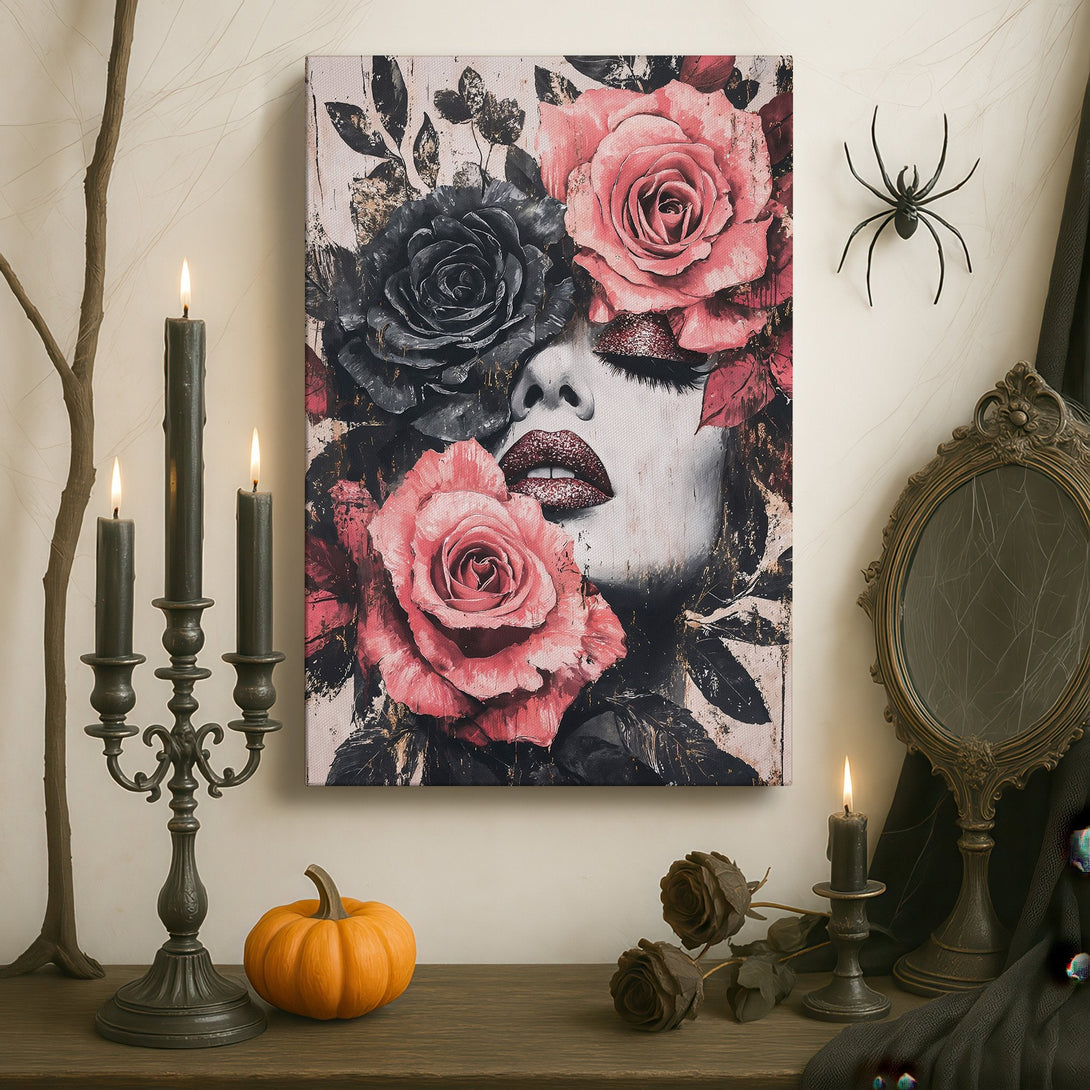 Framed Wall Art featuring a woman's face with roses, in a dramatic style with pink, black, and gold tones. Perfect for adding elegance to your space.