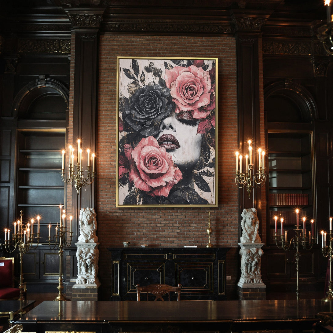 Canvas Print of a woman's face with roses, romantic art in pink, black, and gold. Perfect wall decor for a gothic or Halloween aesthetic.