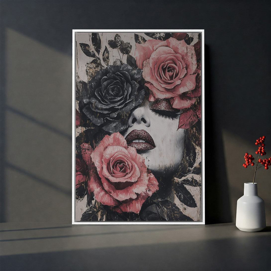 Framed Wall Art featuring a woman's face with roses, a modern and romantic style. Pink, black, and neutral color palette. Perfect for home decor.