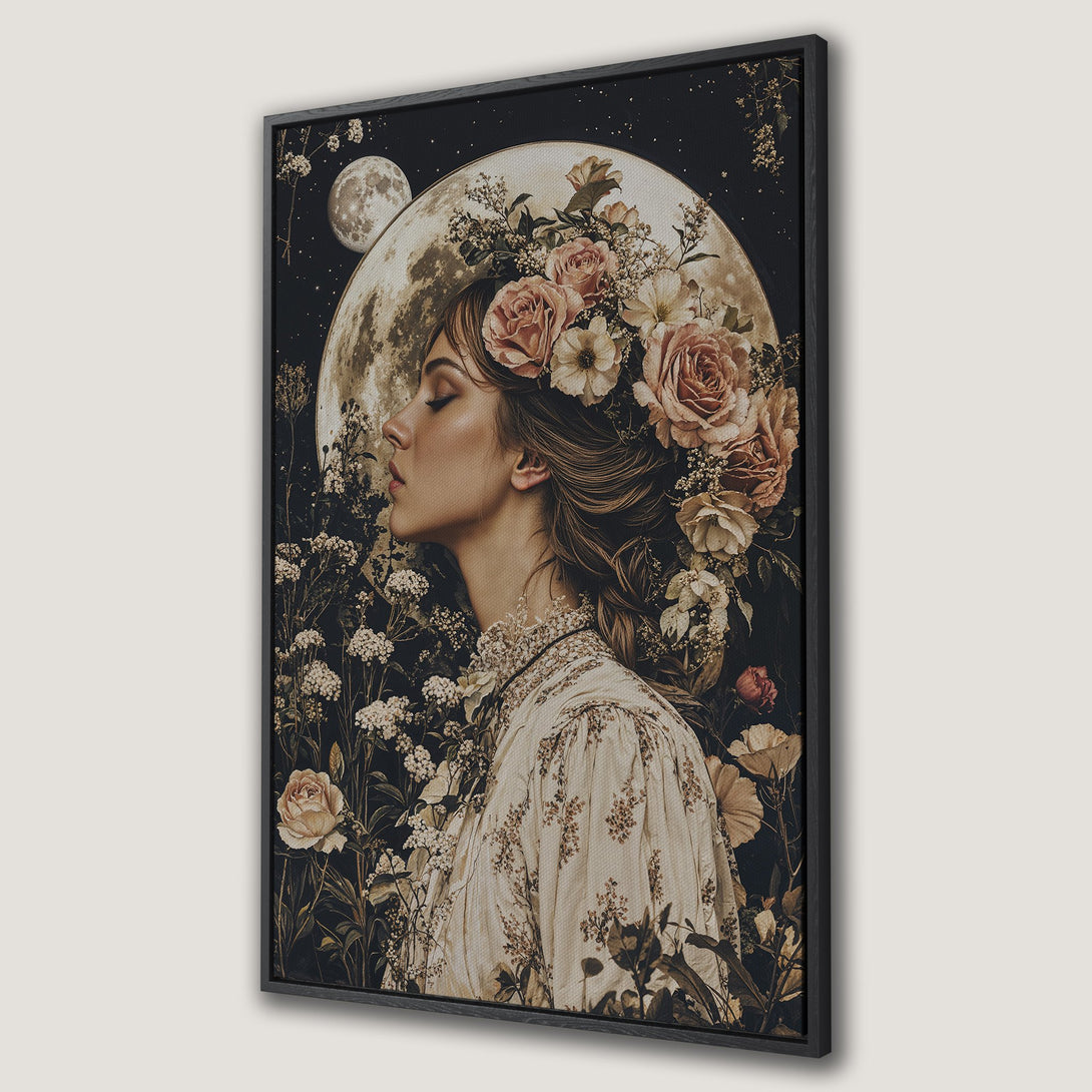 Framed Wall Art featuring a woman with floral crown, moon, and flowers. Vintage style with a muted, warm color palette. Perfect for adding elegance.