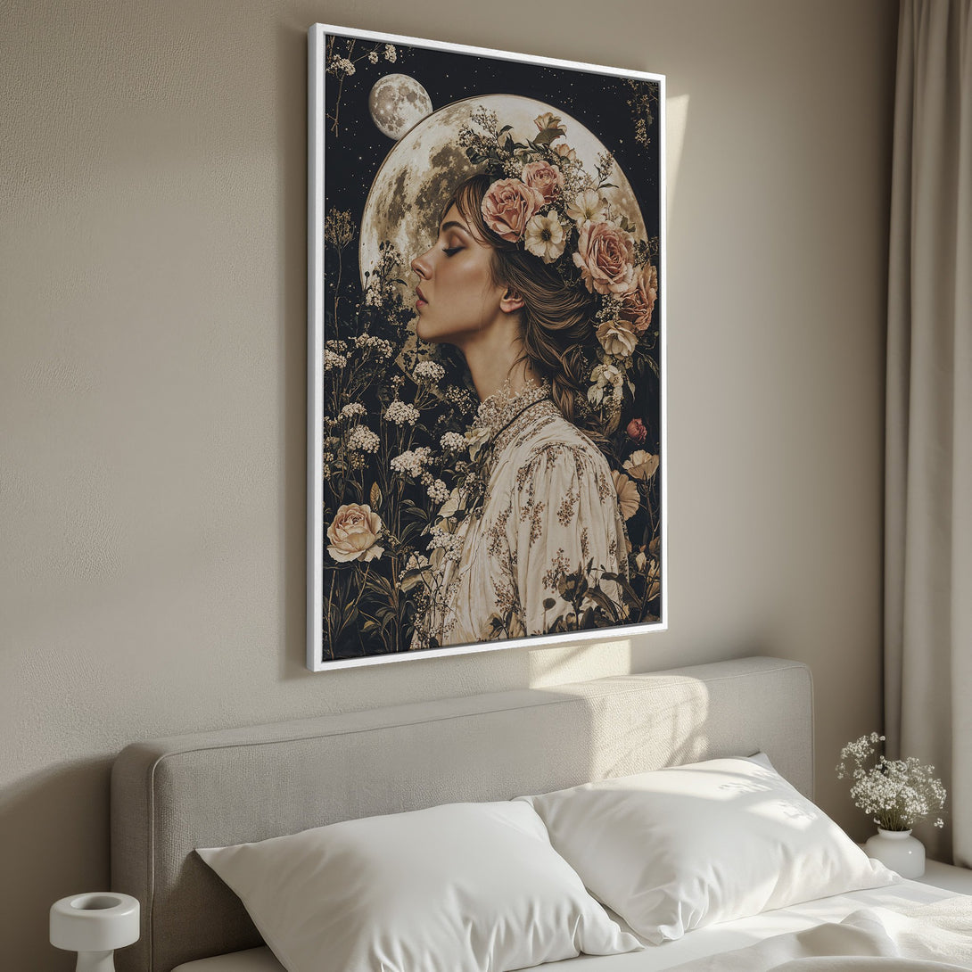 Framed Wall Art featuring a woman with floral crown in a dreamy, vintage style. Earthy tones and a dark background create a romantic aesthetic. Perfect bedroom decor!