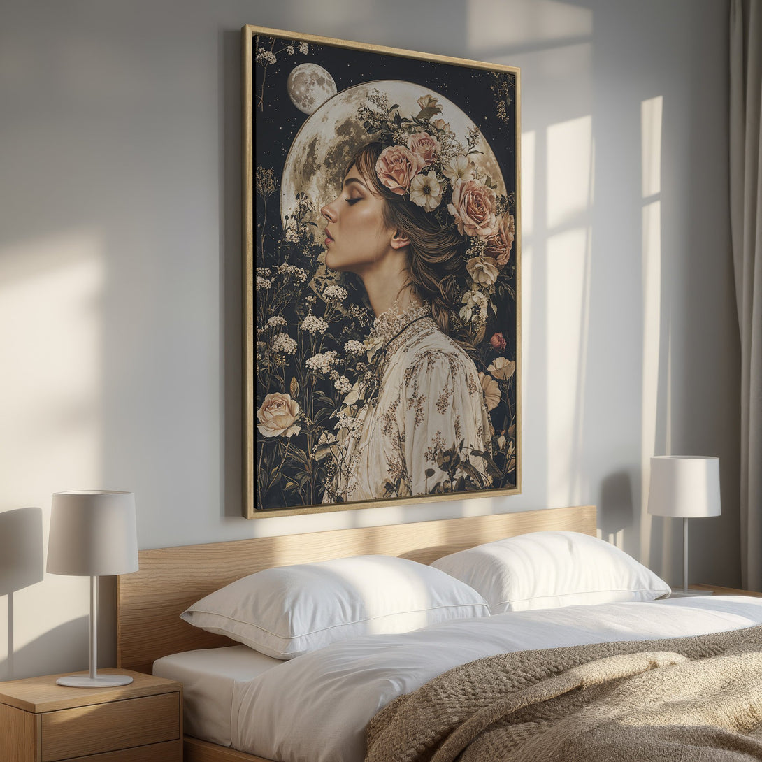 Framed Wall Art featuring a woman with floral crown, moon, and dark floral background. Romantic style, neutral & warm color palette. Perfect bedroom decor.