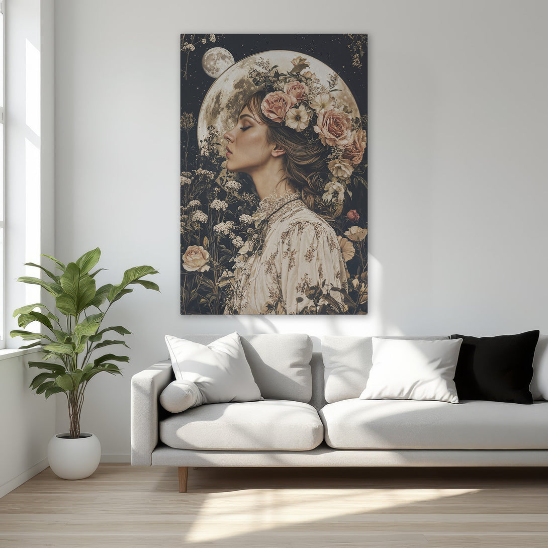 Framed Wall Art featuring a woman with floral crown, moonlit background, and a warm, neutral color palette. Perfect for elegant home decor.