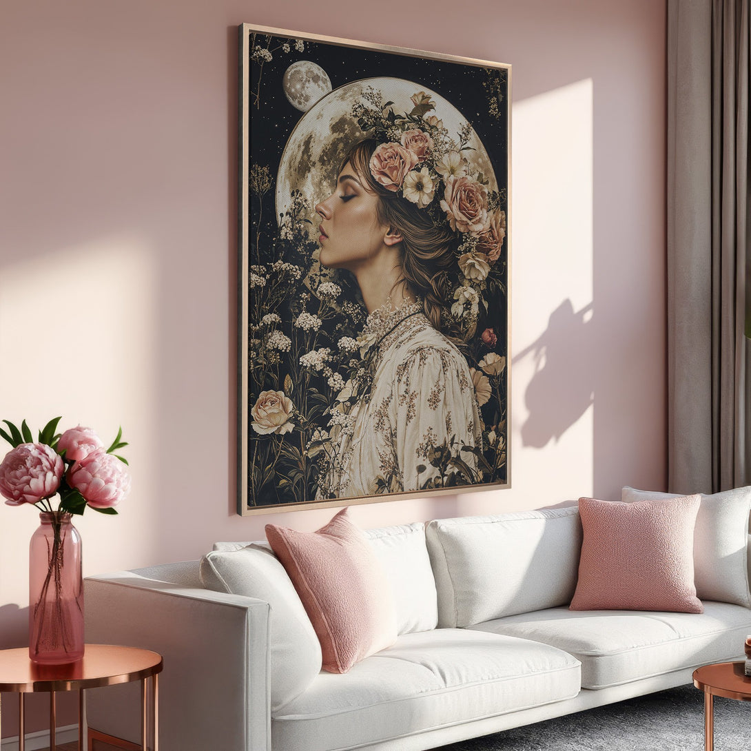Framed Wall Art featuring a woman with flowers, moonlit, romantic style. Soft, warm color palette of pinks, creams, and blacks. Perfect for any room.