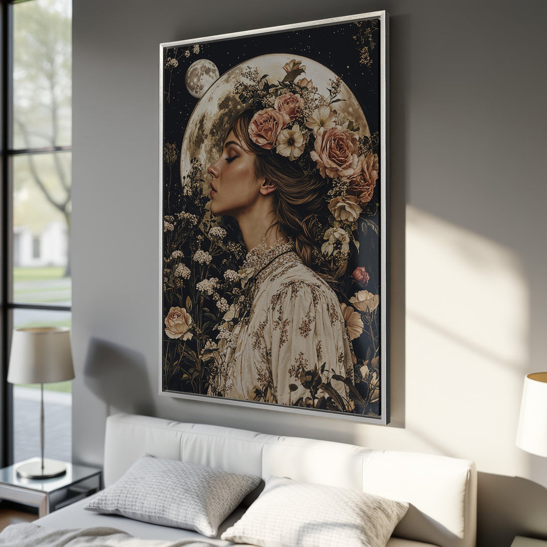 Framed Wall Art featuring a woman with floral crown, moonlit backdrop, and warm, earthy tones. Perfect for adding a touch of elegance to your home.