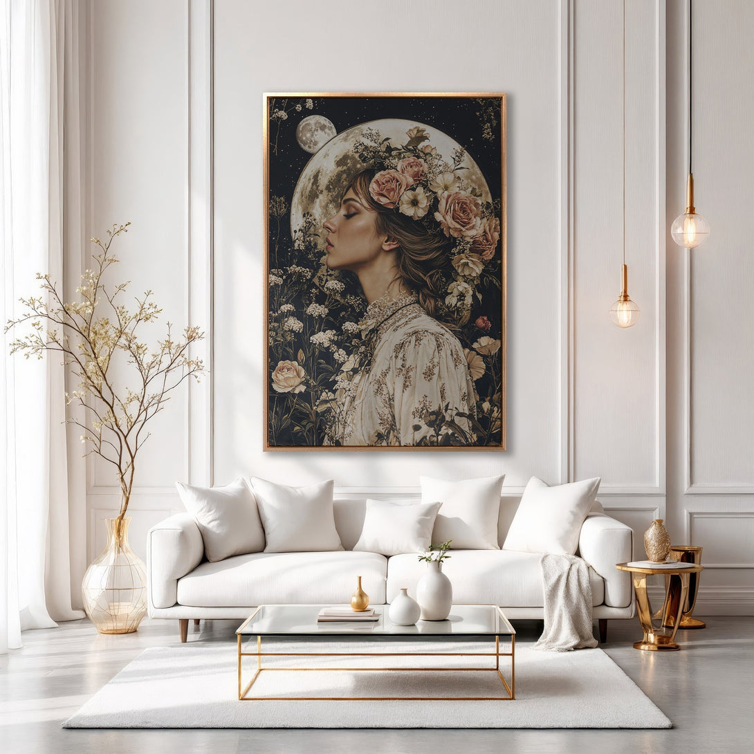 Framed Wall Art: Elegant portrait of a woman with flowers, set against a night sky. Romantic art with a neutral and gold color palette, perfect for home decor.