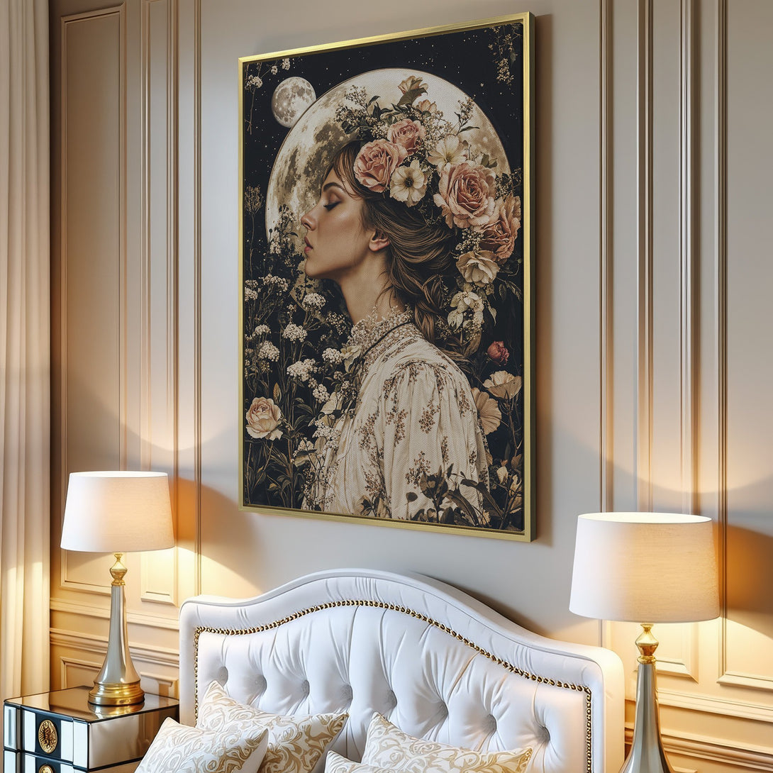 Canvas Print of a woman with floral crown, vintage style, in a room with neutral tones and a moon backdrop. Perfect wall art!