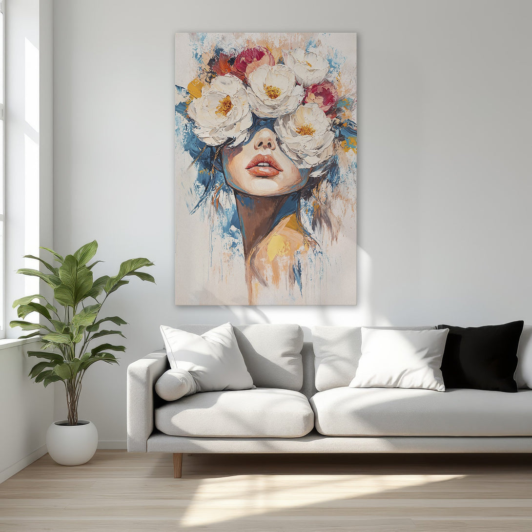 Framed Wall Art featuring a woman with flowers, in a modern impressionist style. Soft neutral color palette with pops of blue, yellow, and red. Perfect bedroom decor.