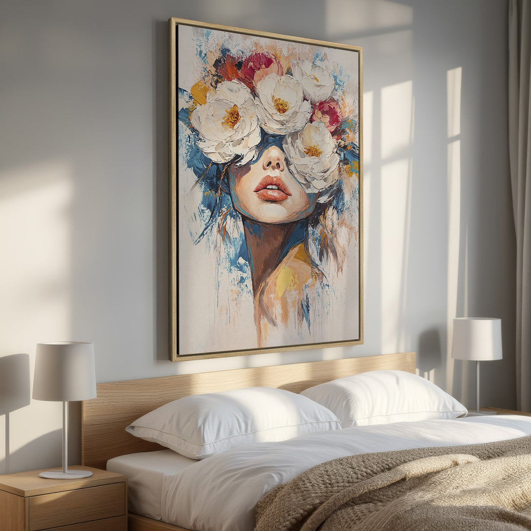 Framed Wall Art: Abstract floral portrait in a bedroom. Modern art with a muted color palette of white, blue, and gold, perfect for home decor.