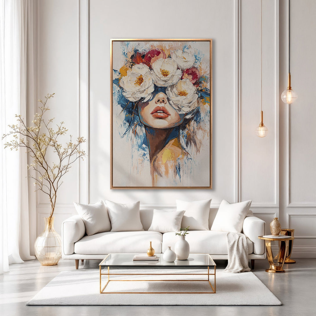 Framed Wall Art: Abstract portrait with floral headdress. Modern art in a white, blue, and gold color palette. Perfect for living room decor.