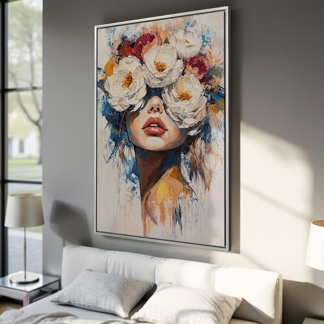 Framed Wall Art: Abstract floral portrait in a modern style with a vibrant color palette of white, blue, red, and yellow. Perfect for bedroom decor.
