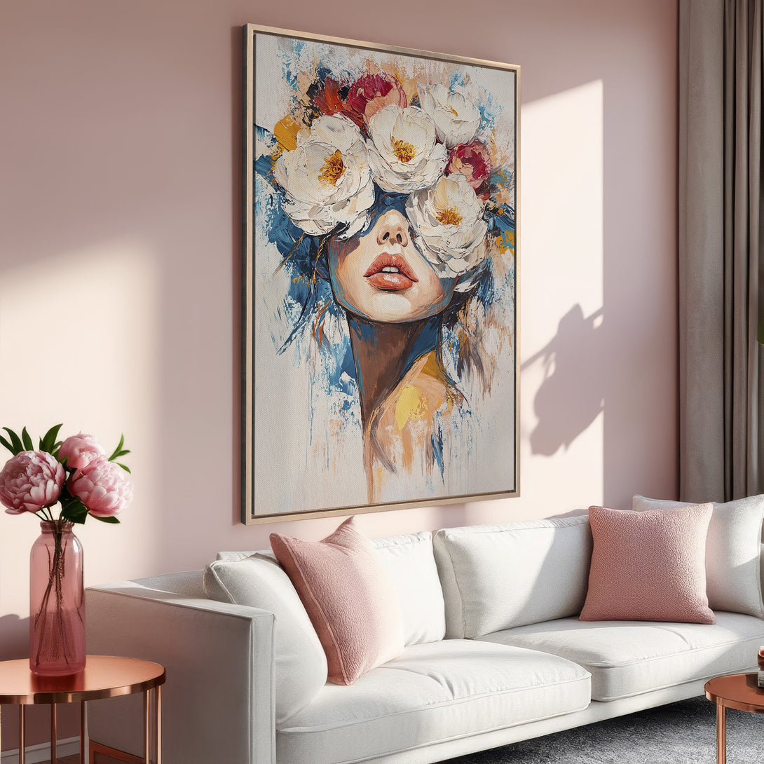Framed Wall Art: Abstract portrait with floral crown, modern style, soft pink & blue color palette, perfect for living room decor.