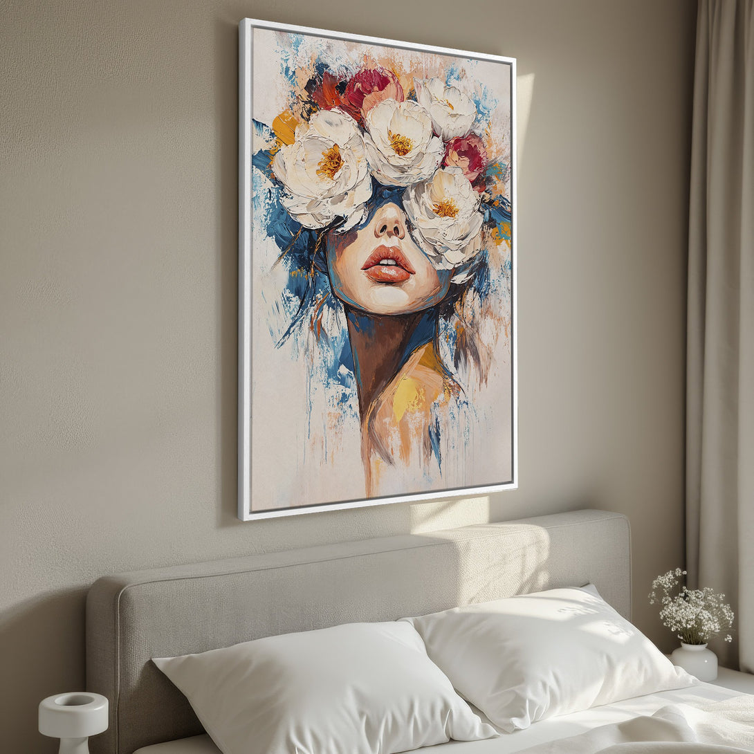 Framed Wall Art: Abstract portrait of a woman with floral crown, vibrant colors. Modern decor with a neutral color palette. Perfect for bedroom or living room.