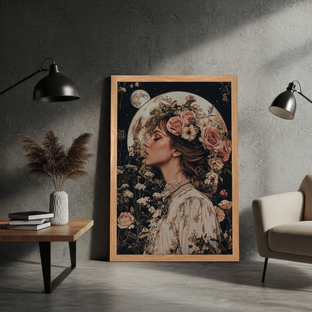 Framed Poster featuring a woman with floral crown against a moonlit backdrop. Romantic style, muted tones of beige, pink, and dark green.