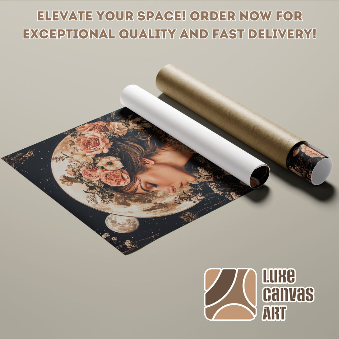 Poster Roll with floral moon art. Earthy tones and elegant style. Shop Luxe Canvas Art for unique wall decor!