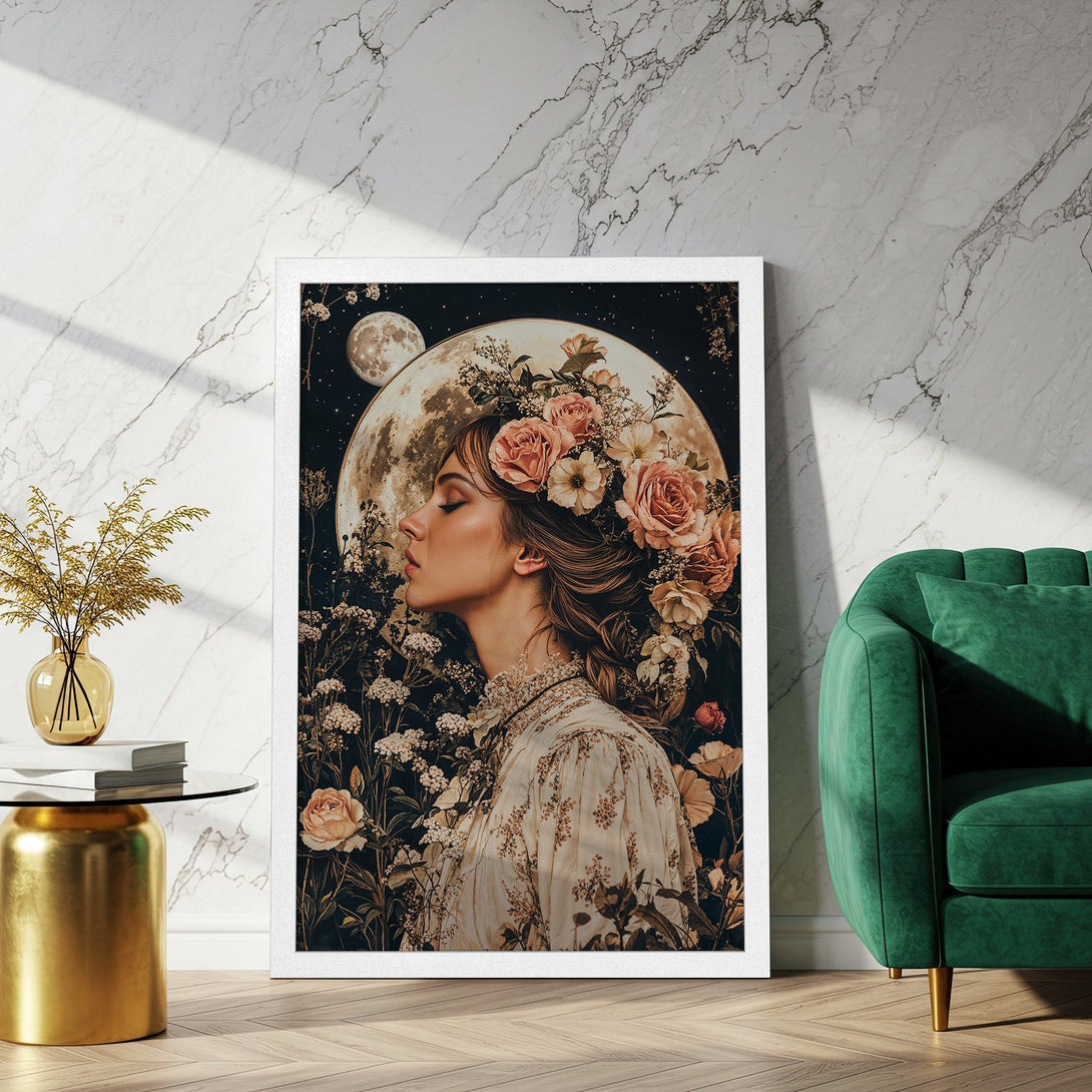 Framed Poster featuring a woman with floral crown, moonlit backdrop, and vintage style. Earthy tones and romantic aesthetic.