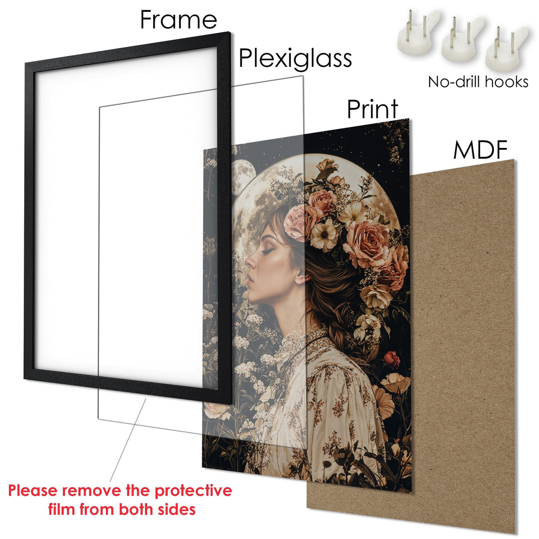 Framed Poster featuring a woman with flowers, in a vintage style with a dark, earthy color palette. Ready to hang wall art.