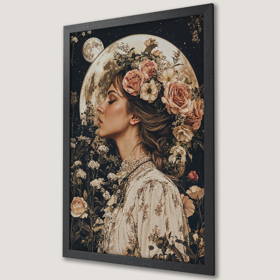 Framed Poster featuring a woman with floral crown, moon, and flowers. Vintage style, warm color palette. Perfect wall art.
