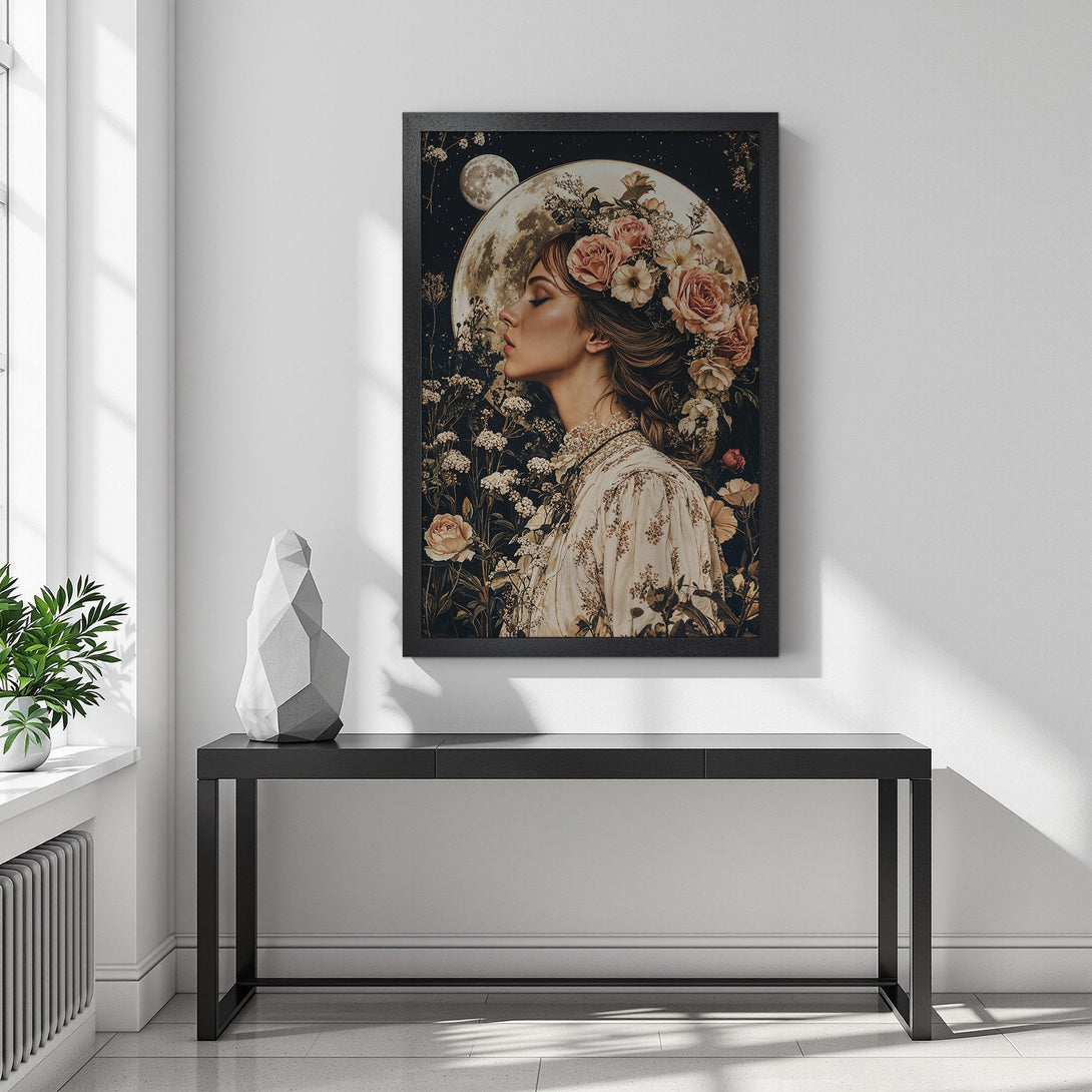 Framed Poster featuring a woman with floral crown, dark & moody style, neutral color palette. Add a touch of elegance to your space!