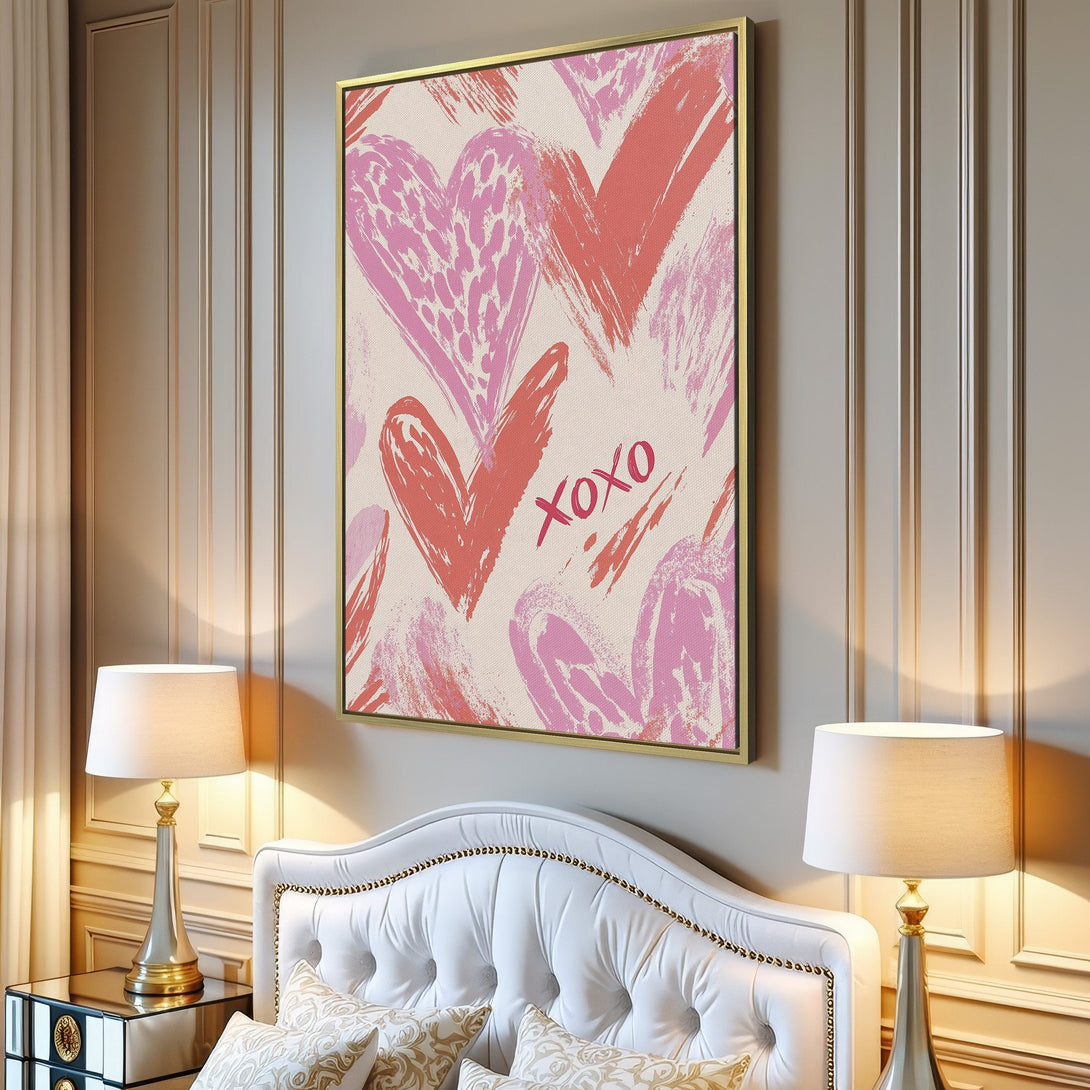 Canvas Print featuring abstract hearts in pink and coral, perfect for adding a touch of love to your home decor. Modern style, neutral palette.
