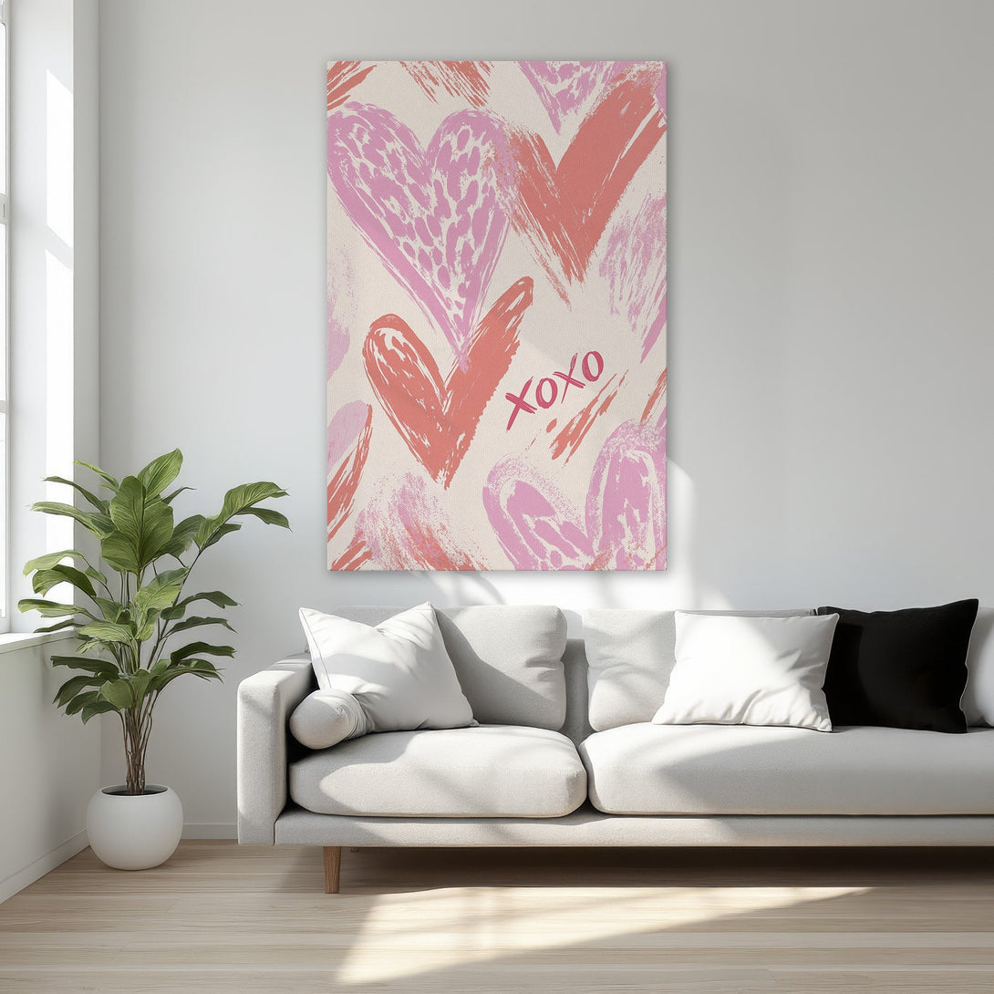 Framed Wall Art featuring abstract hearts in pink and coral on a beige background. Perfect for adding love and style to your home!