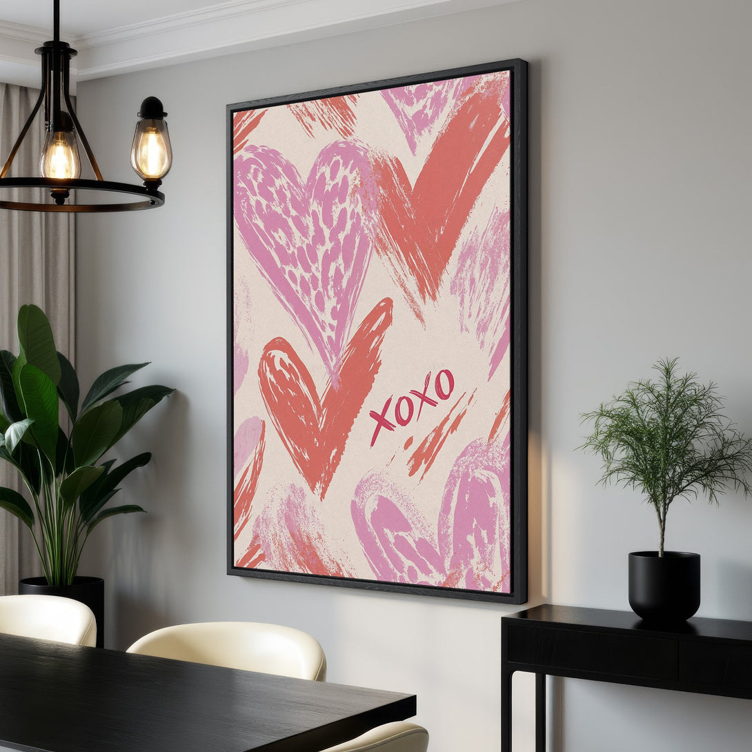 Framed Wall Art featuring abstract hearts in pink and coral hues. Modern, romantic canvas print perfect for adding love and style to your home decor.