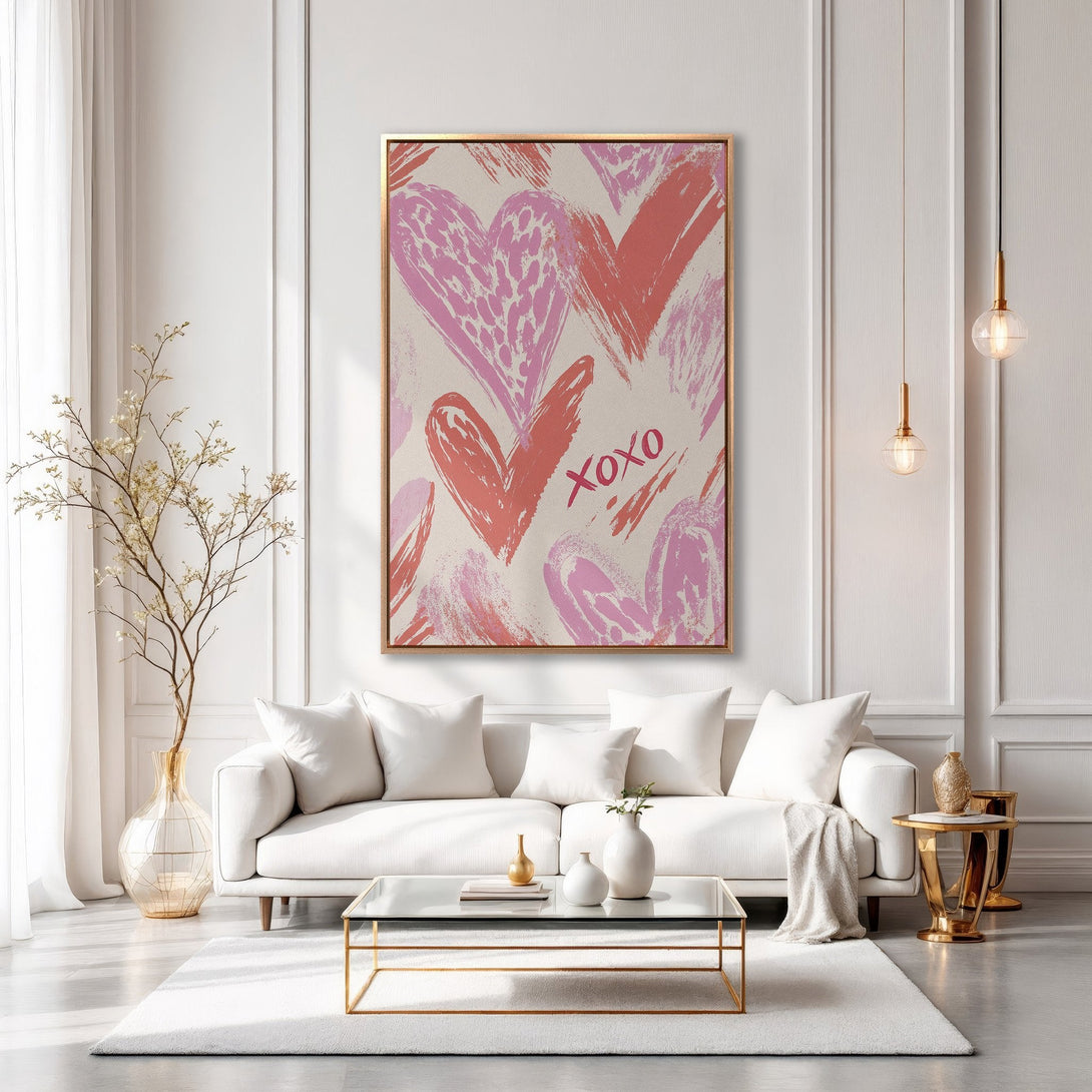 Framed Wall Art featuring a heart design in pink & red hues. Modern, romantic decor for your living room. Shop Canvas Prints today!