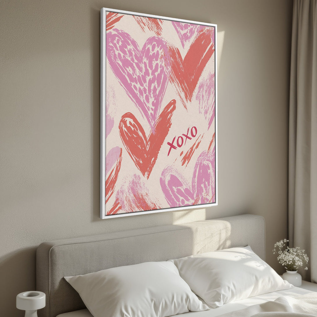 Framed Wall Art featuring a heart-themed abstract design in pink and red. Perfect for adding a touch of love to any room.