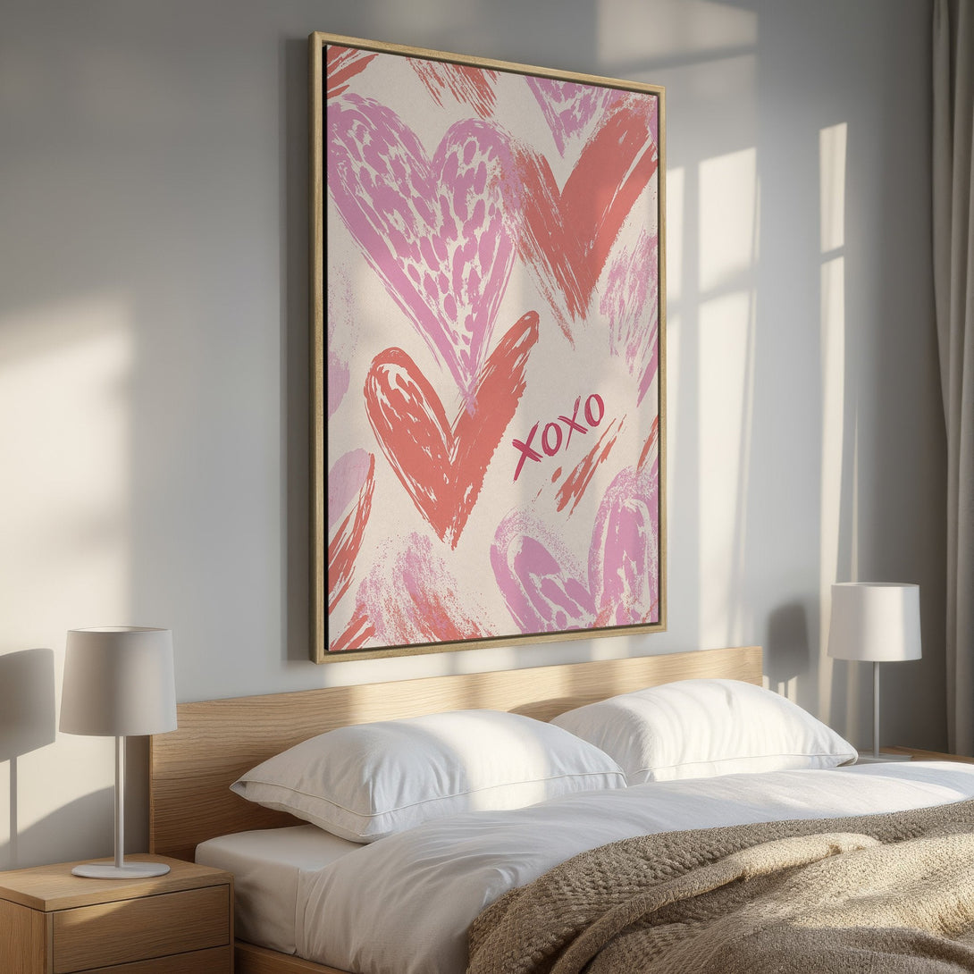 Framed Wall Art: Abstract heart design in pink and coral hues. Modern canvas print adds a pop of love to any bedroom or living space. Shop now!