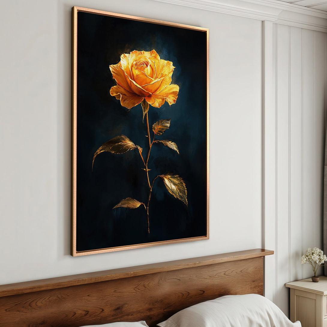 Framed Wall Art: Golden rose canvas print. Elegant floral art with a dark blue background and warm gold accents. Perfect for bedroom decor.