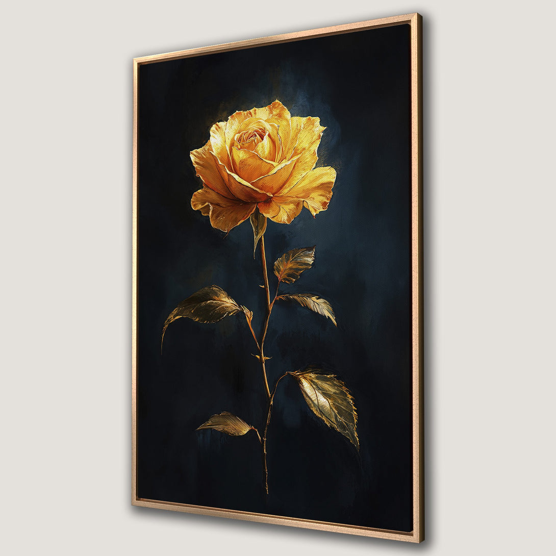 Framed Wall Art: Stunning golden rose against a dark backdrop. Elegant floral art in a rich, moody color palette. Perfect for adding sophistication to any space.