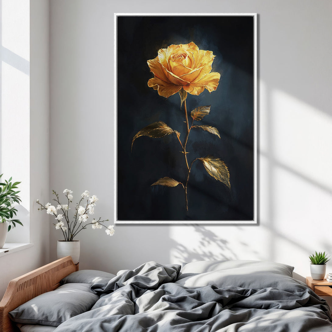 Framed Wall Art: Stunning golden rose canvas print. Elegant floral art with a dark, moody background and gold accents. Perfect bedroom decor.