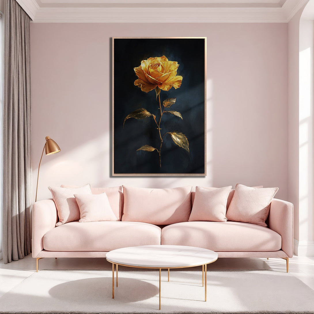 Framed Wall Art: Stunning golden rose canvas print. Elegant floral art in a modern interior, featuring a sophisticated pink and gold color palette.