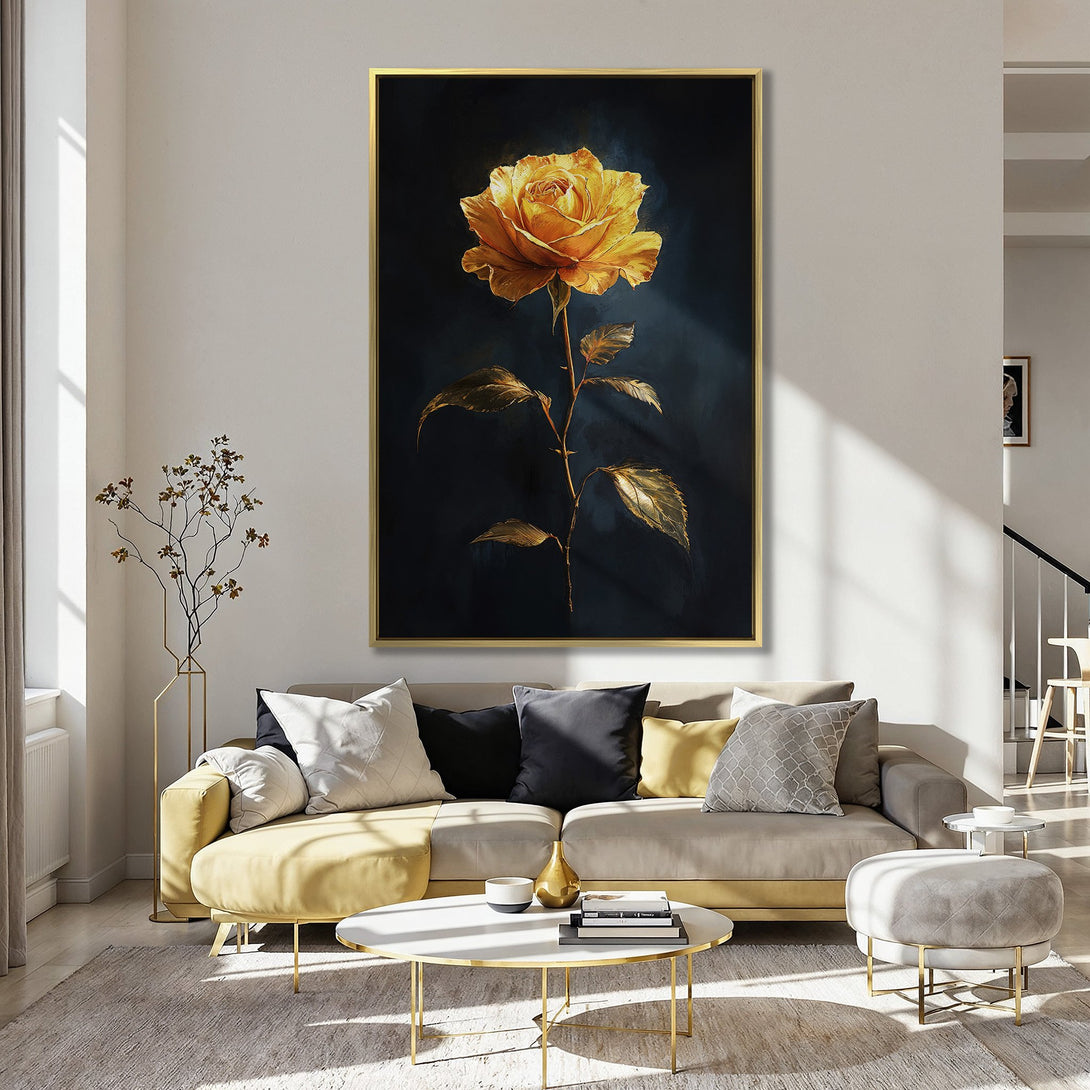 Canvas Print of a golden rose painting. Elegant floral wall art with a dark background and warm color palette, perfect for home decor.